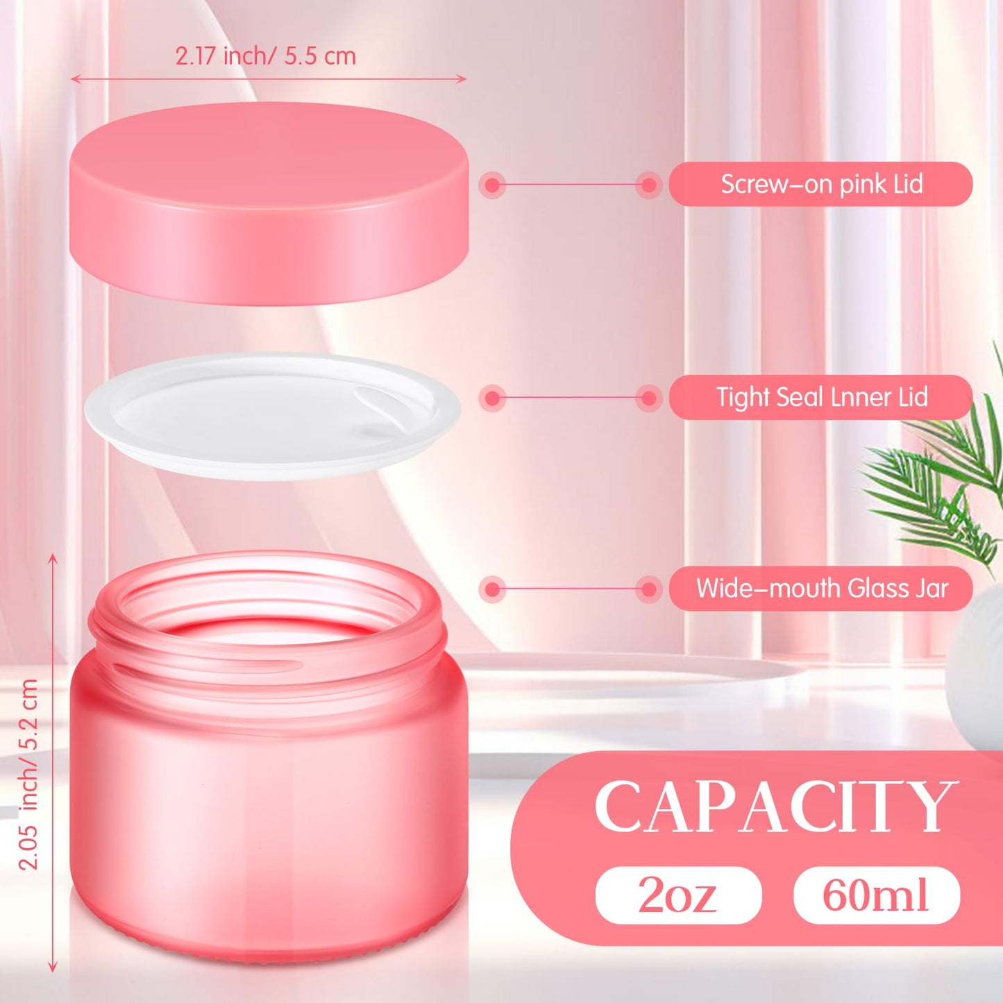 Domensi 48 Pcs 2 oz Glass Jars with Lids Travel Size Round Leakproof Empty Cosmetic Jars with Inner Liners Lid for Storing Makeup Lotions Face Cream Ointments DIY Making (Pink)