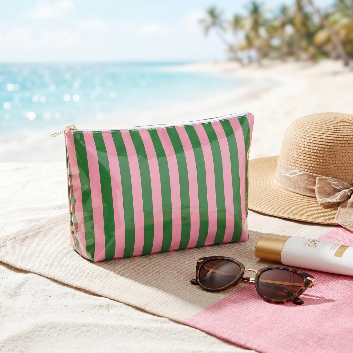 Lestikave Large PVC Waterproof Striped Makeup Bag,Clear Coated Cosmetic Bags,Easy to Clean,Travel Organizer Zipper Pouch Beach Vacation Essentials for Women Girls(09Pink Green)
