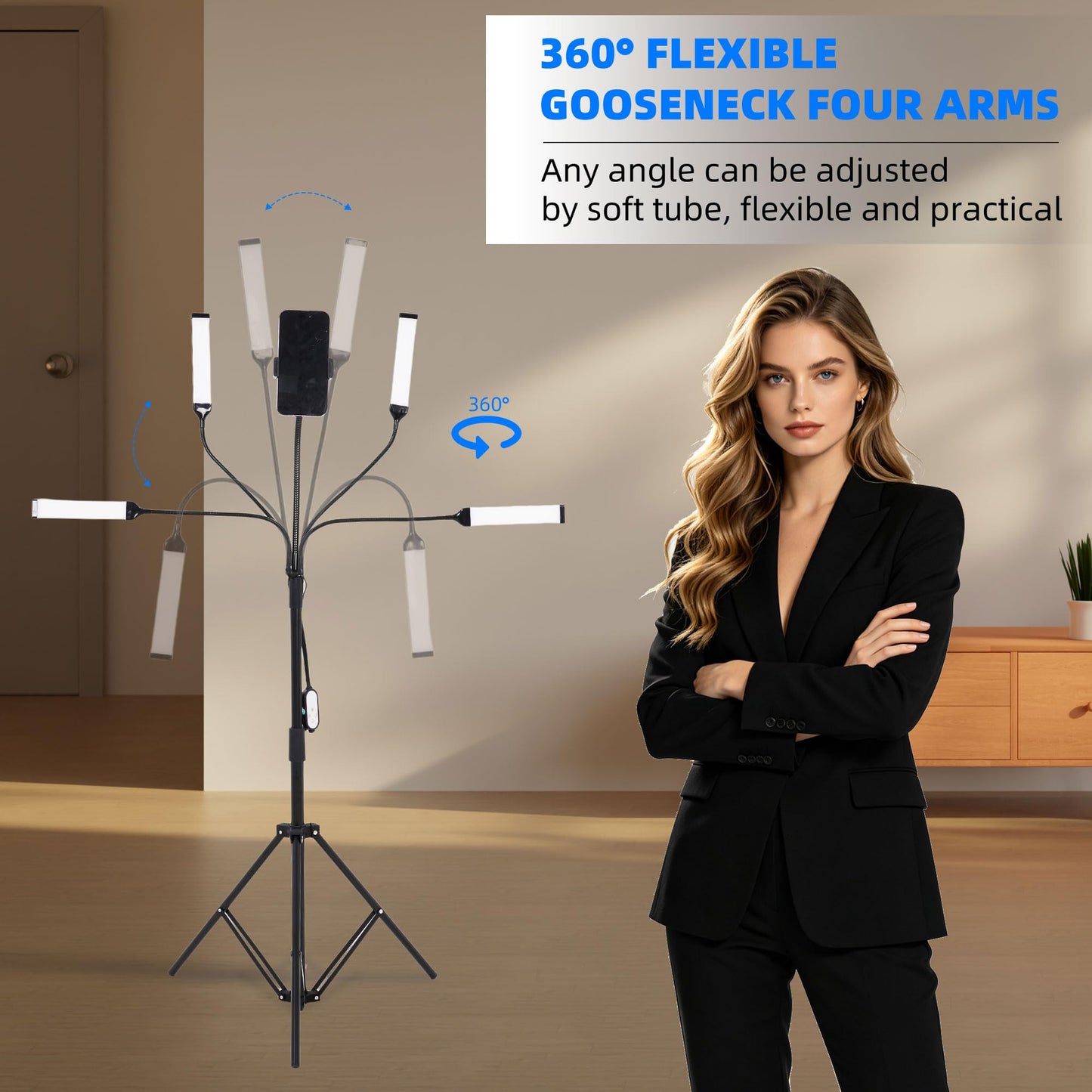 LED Video Light Kit with Four-arms, Studio Light for Video Recording Photography Lighting Kit, Dimmable LED Floor Light for Lash Techs, Estheticians & Tattoo Artists with Tripod Stand&Photography Bag