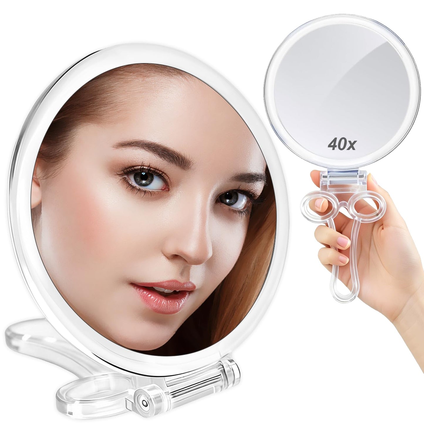AMISCE Magnifying Hand Mirrors with Handle - Double Sided Handheld Mirror with 1X 40X Magnification, Portable Travel Folding Hand Held Mirror, Pedestal Makeup Vanity Mirror