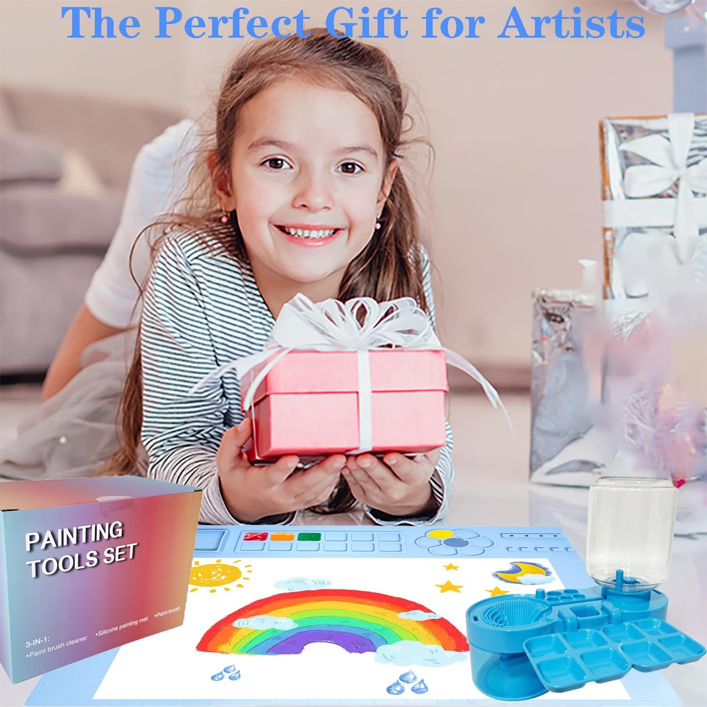 Painting Station, Paint Brush Cleaner (Upgraded) and Silicone Painting Mat 20"X16" with 10 Paint Brushes, Leak Proof Paint Brush Rinser, Gift for Adults Artist Beginners