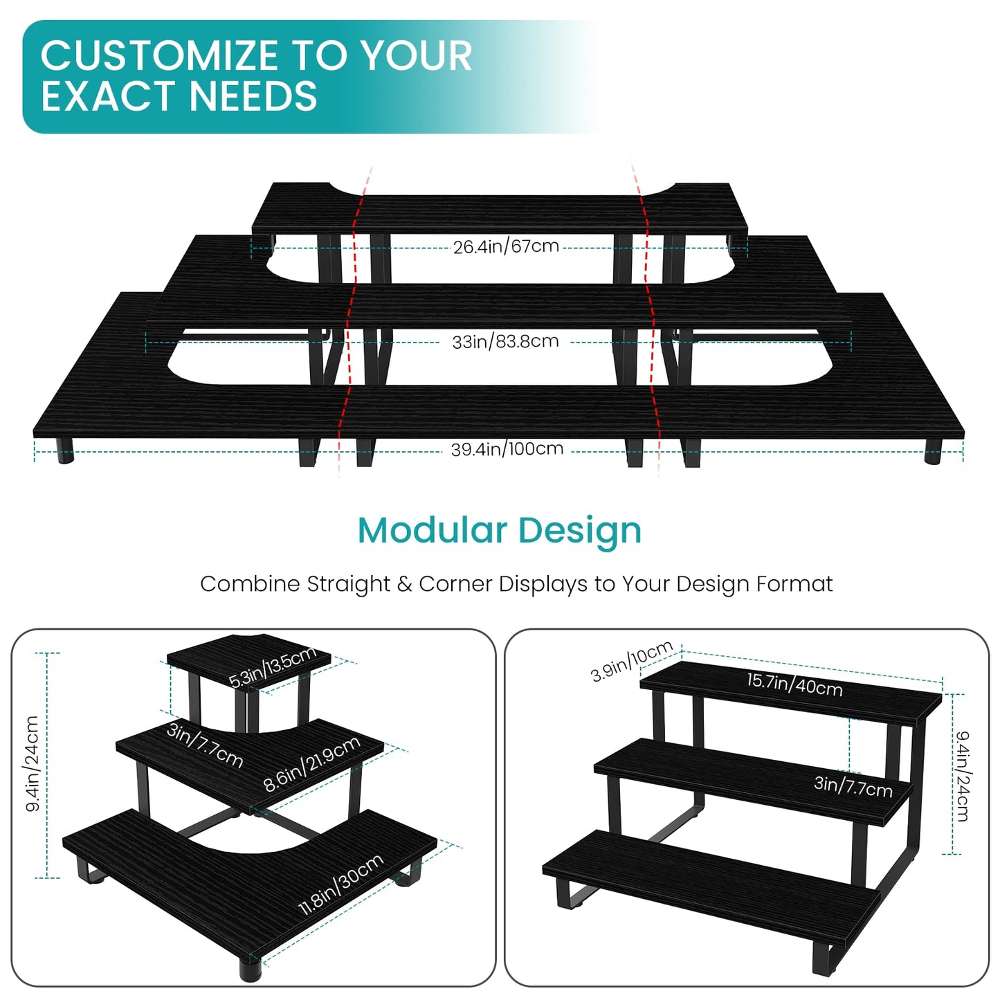 ELITEROO 3 Tier Wooden Retail Display Shelves, Portable Display Rack for Retail Counter Top Craft Shows Tradeshows, 3 Step Corner Tiered Table Display Tower Stand for Cupcake Jewelry Display, Black