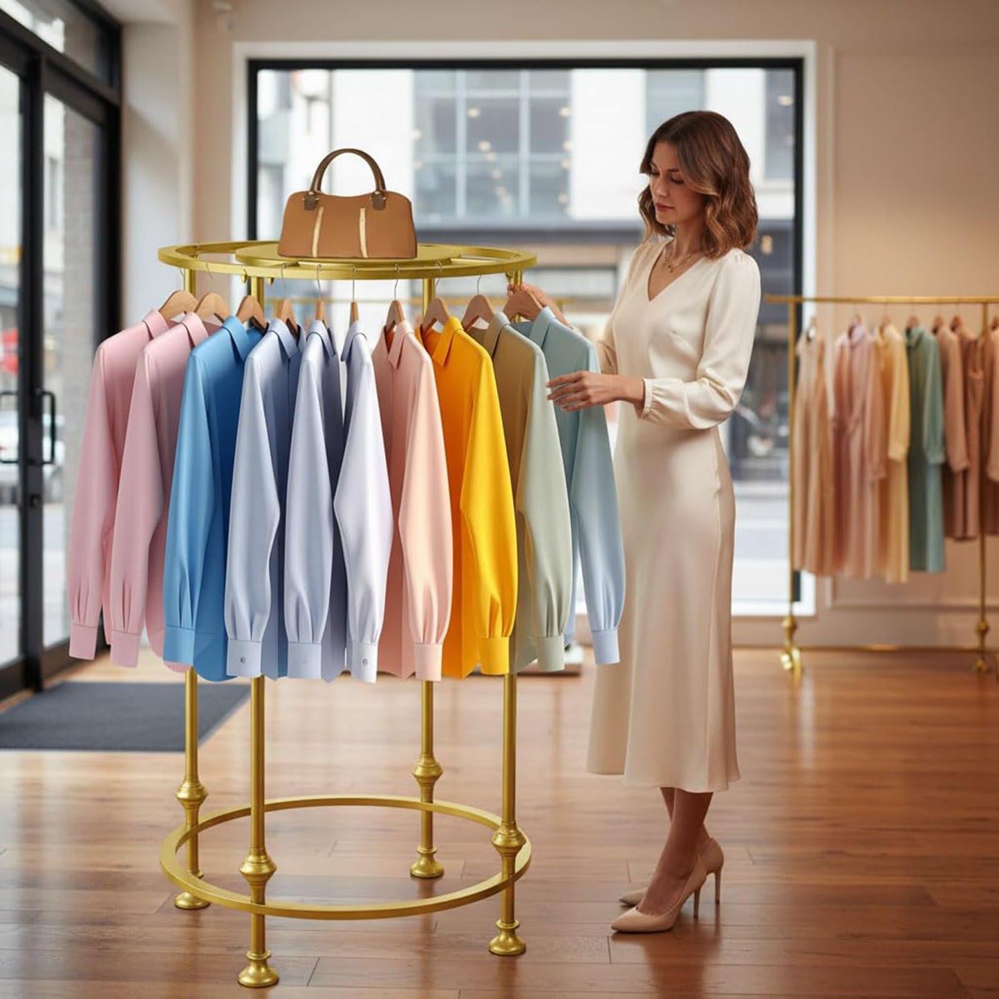 KUCKGO Round Garment Rack for Retail Display - Heavy Duty Metal Clothing Rack, Freestanding Clothes Hanging Rack for Boutique, Closet Storage for Dresses, Shirts & Coats, Gold