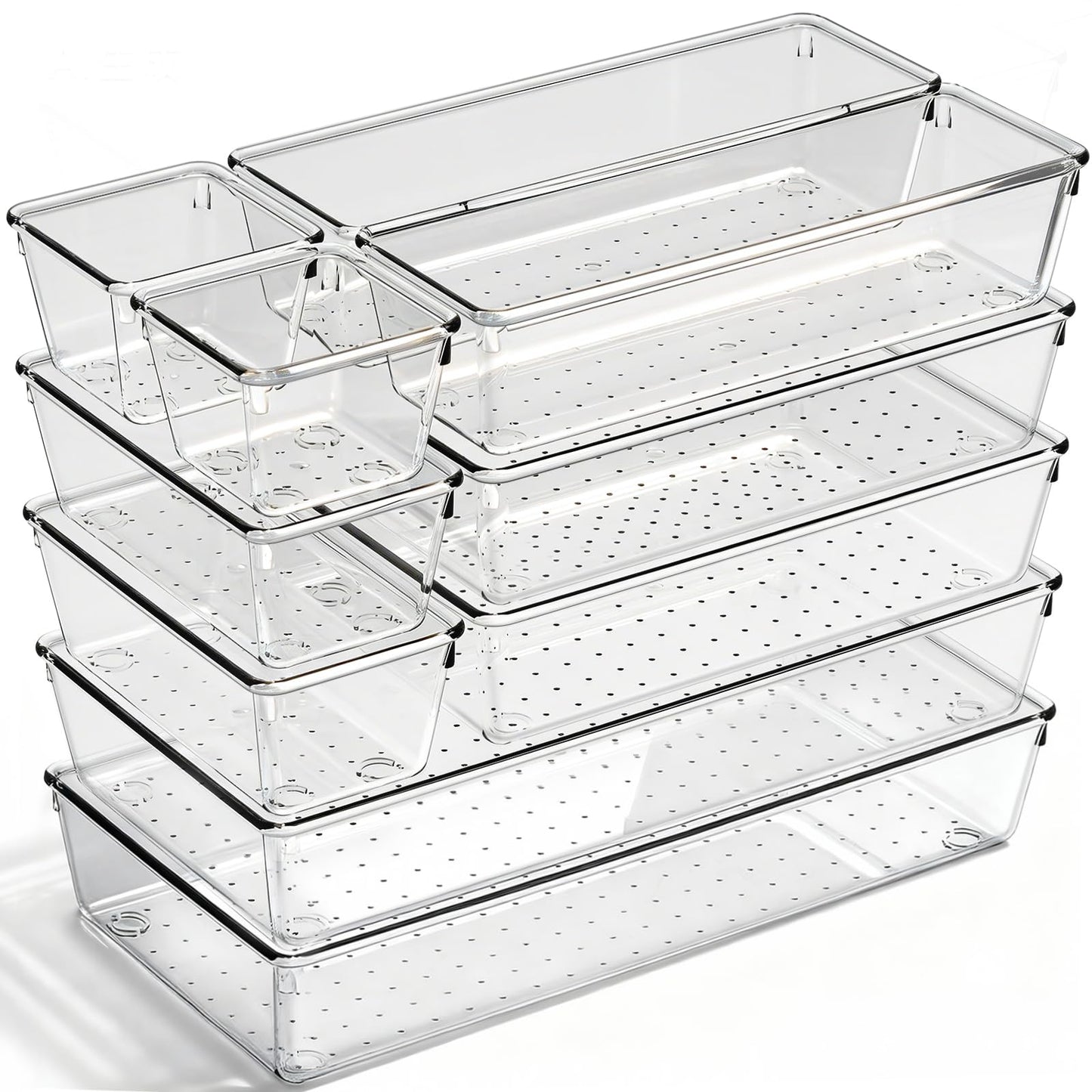 CHOWAY Drawer Organizer, 10 Pack Large Clear Plastic Organizer Bins 5 Sizes, Versatile Bathroom Drawer Trays, Heavy Duty Non‑Slip Drawer Dividers for Makeup, Office & Kitchen Utensils