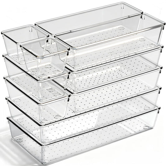 CHOWAY Drawer Organizer, 10 Pack Large Clear Plastic Organizer Bins 5 Sizes, Versatile Bathroom Drawer Trays, Heavy Duty Non‑Slip Drawer Dividers for Makeup, Office & Kitchen Utensils