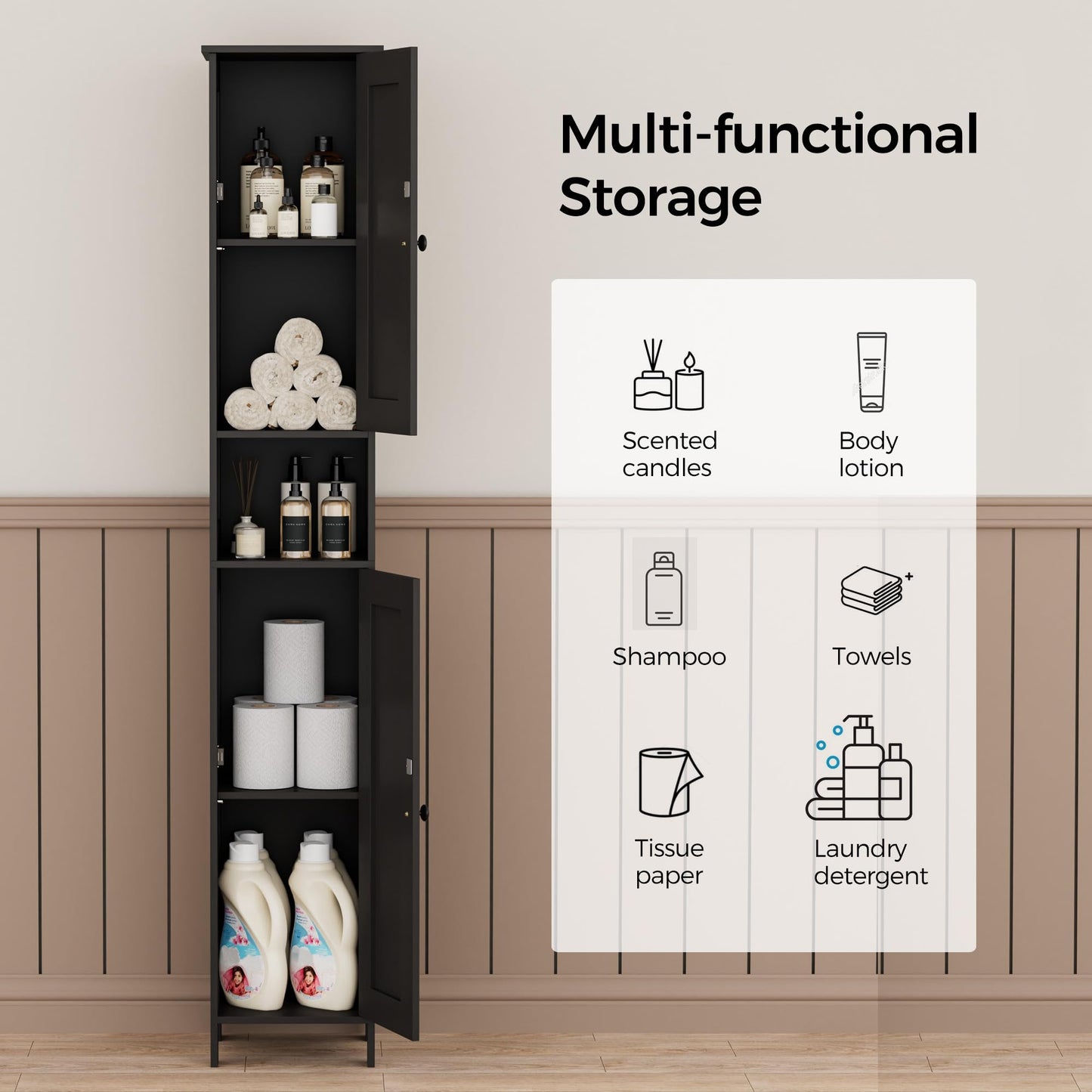 Homleke Tall Bathroom Storage Cabinet with 2 Doors, 67"H Narrow Storage Cabinet with Adjustable Shelves& Anti-Tip Design, Reversible Door Installation, Easy Assembly, 11.8 x 11.8 x 66.9 Inches, Black