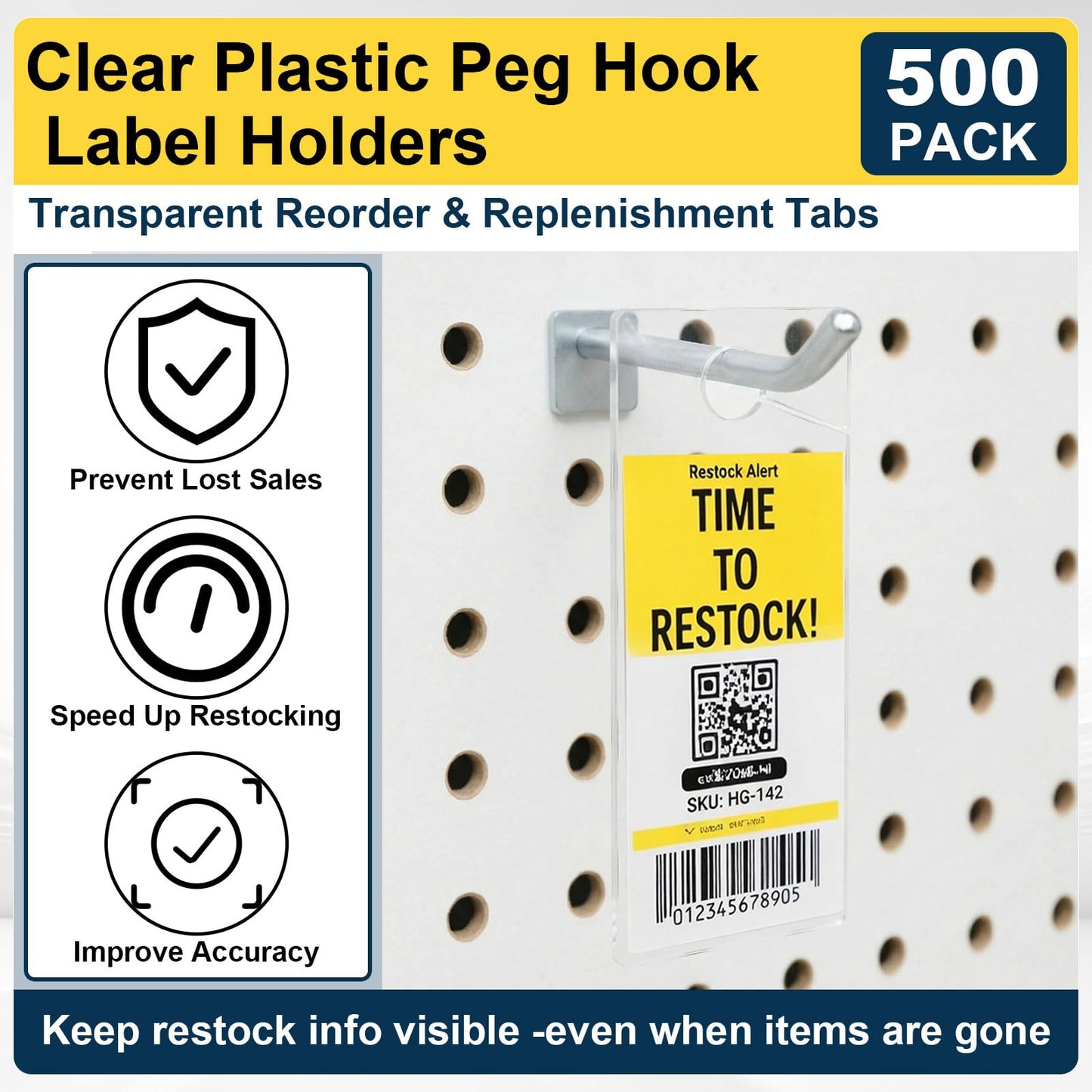 Bucherry 500 Pcs Clear Plastic Peg Hook Label Holders 3.25" X1.25" Clear UPC Tag & Reorder Ticket Tabs for Pegboard, Slatwall & Gridwall Hooks Durable Retail Price Label Display Easy Slide-on Design
