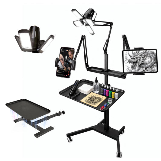 Tattoo Workstation Cart with Wheels, Rolling Tattoo Tray Station with Ultra Bright 4-Leaf LED Light, Dual Adjustable Phone & Tablet Holders, Mobile Tattoo Equipment Stand for Tattoo Artists & Studios