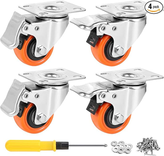 W B D WEIBIDA 2" Plate Caster Wheels Heavy Duty 600 Lbs Load Capacity Swivel Casters with Brake Set of 4, Safety Dual Locking, No Noise Wheels for Furniture, Carts (Screws and Screwdriver)