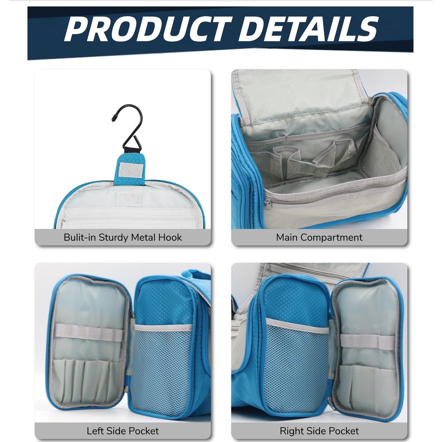 Buruis Hanging Toiletry Bag for Women and Men, Large Water-Resistant Makeup Organizer with Sturdy Hook, Lightweight Nylon Dopp Kit for Full-Sized Toiletries & Cosmetics, Light Blue