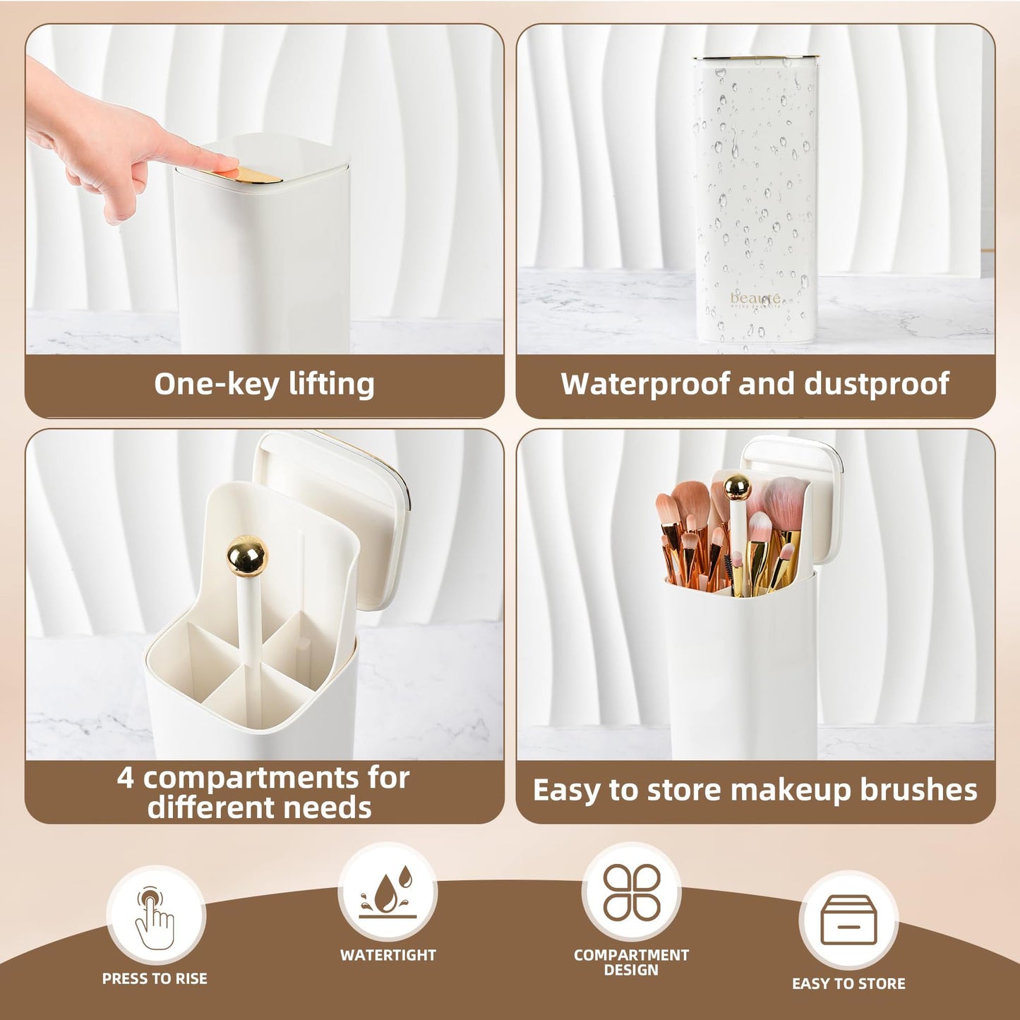 Makeup Brush Holder with Lid, Push Pop-Up Makeup Brush Organizer,4 Slots Makeup Cosmetics Organizerfor Vanity Decor, Bathroom Countertop ,Large Capcity, Dustproof,Waterproof | White and Gold