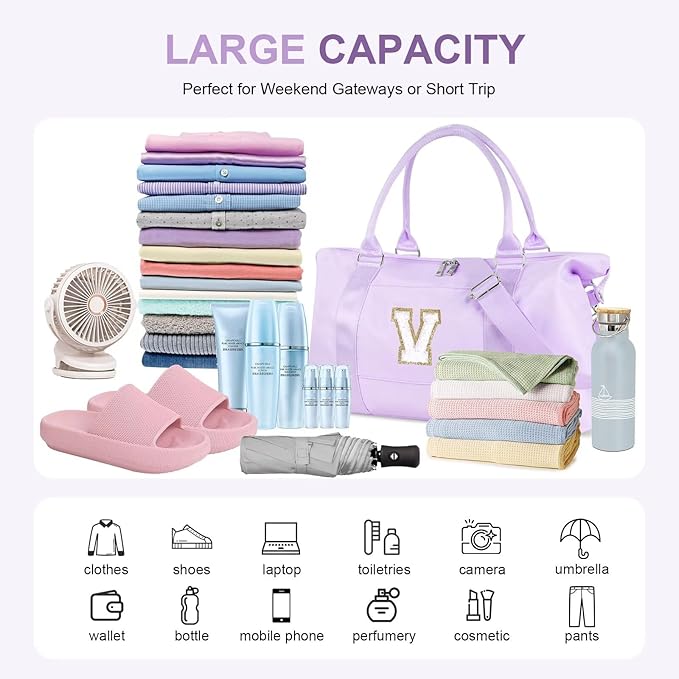 Dance Gym Duffel Bag for Teen Girls, Personalized Initial Travel Weekender Bag,Cute Overnight Carry On Duffle for Women,Sports Travel Cheer Bag,Monogram Christmas Gifts for Tween Preppy(purple-V)