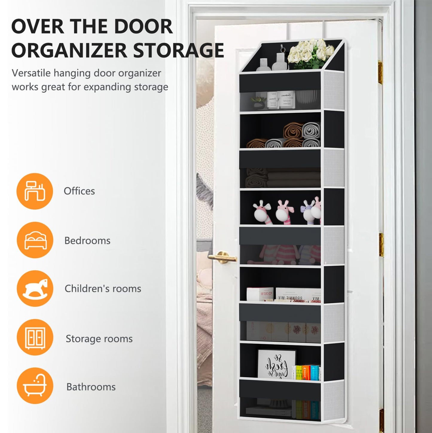 Over Door Organizer - Over The Door Storage Organizer with 5 Large Pockets & 10 Mesh Side Compartments - Heavy-Duty Hanging Storage for Bathroom, Bedroom & Nursery - Room Organizer Solution - Black