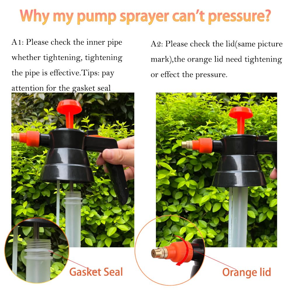 2 Pack Pump sprayers in Lawn and Garden, 2L Handheld Garden Pump Sprayer 0.5 Gallon Water Mist Spray Bottle for Plants, Weed Sprayer with Adjustable Brass Nozzle (2L Orange)