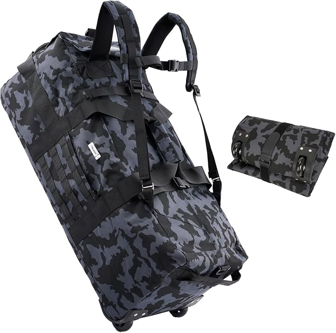 80L Waterproof Rolling Duffel Bag with Quick-Release Straps, Military Tactical Wheeled Foldable For Deployment Traveling Camping Sporting (Camouflage)