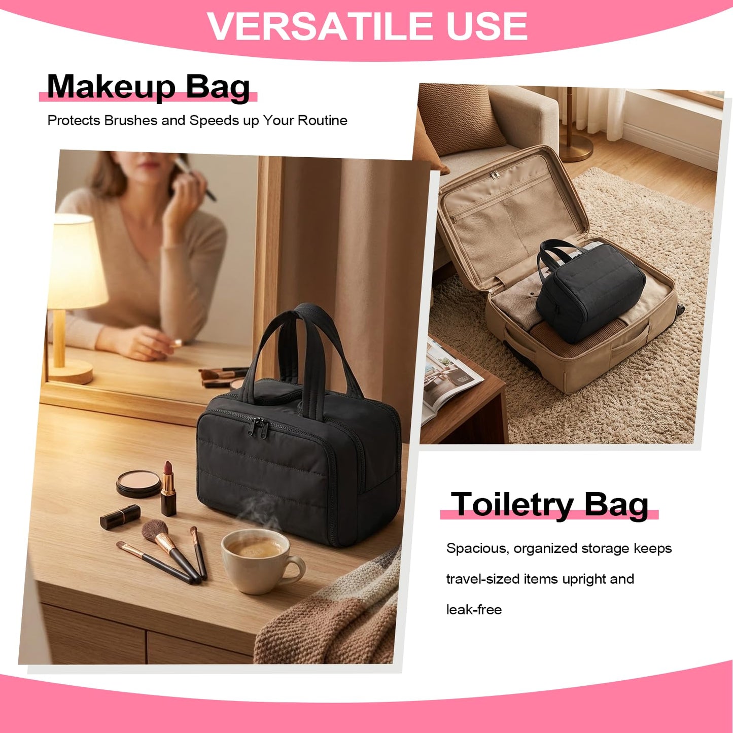 Travel Toiletry Bag, Large Wide-open Travel Bag for Women with 1 Toiletries Travel Bottles, 3 Portable Toothbrush Cases, Makeup Bag Organizer with Handle for Accessories,Essentials, Toiletries, Black