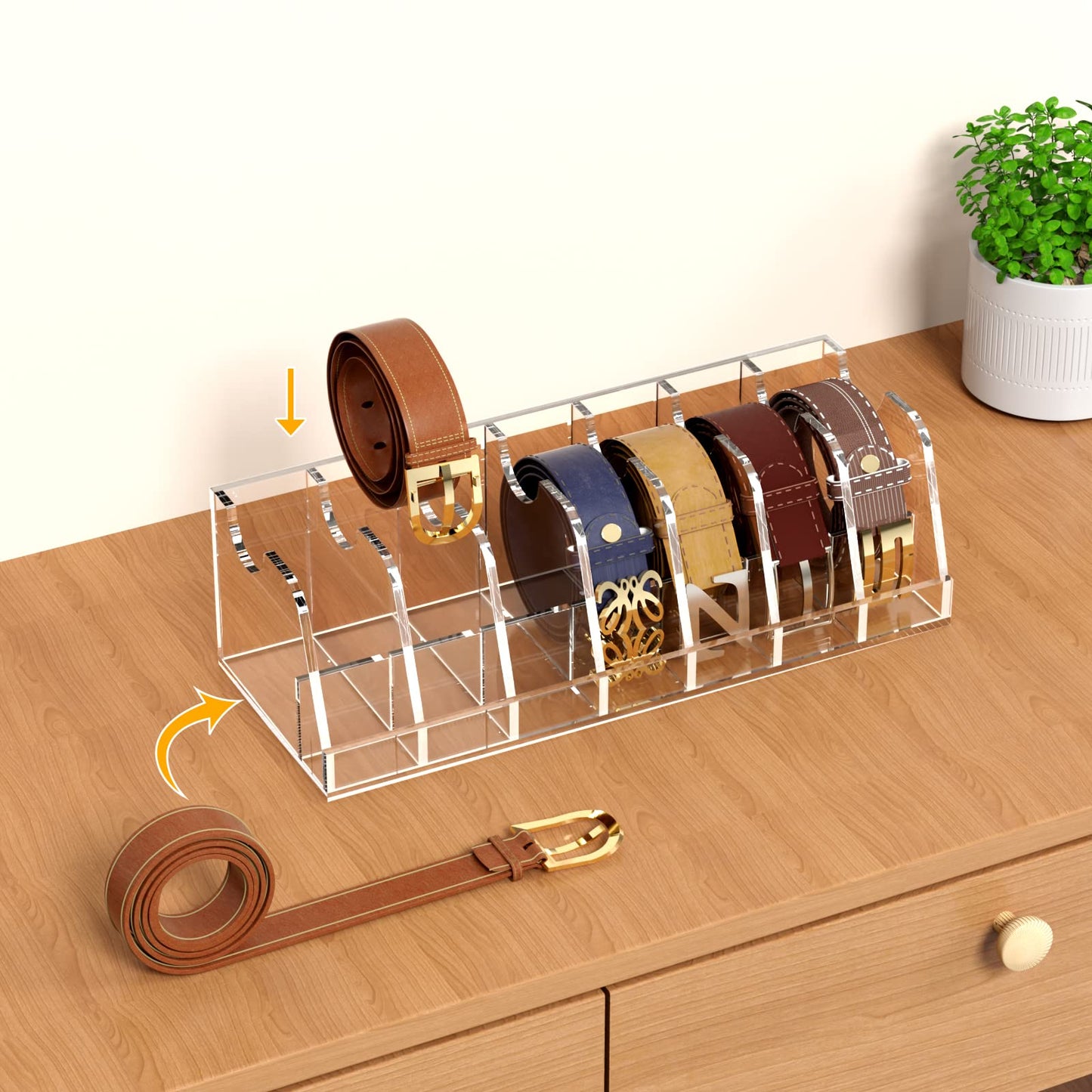 FEMELI Belt Organizer Acrylic Clear Case Storage Holder for Closet and Drawer, 7 Compartments Tie Box Container with Display Stand