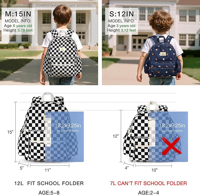 STEAMEDBUN Corduroy Toddler Backpack for Boys 2-4: Kids backpack for Boys Girls - 12 inch Preschool Kindergarten Backpacks - Checkered