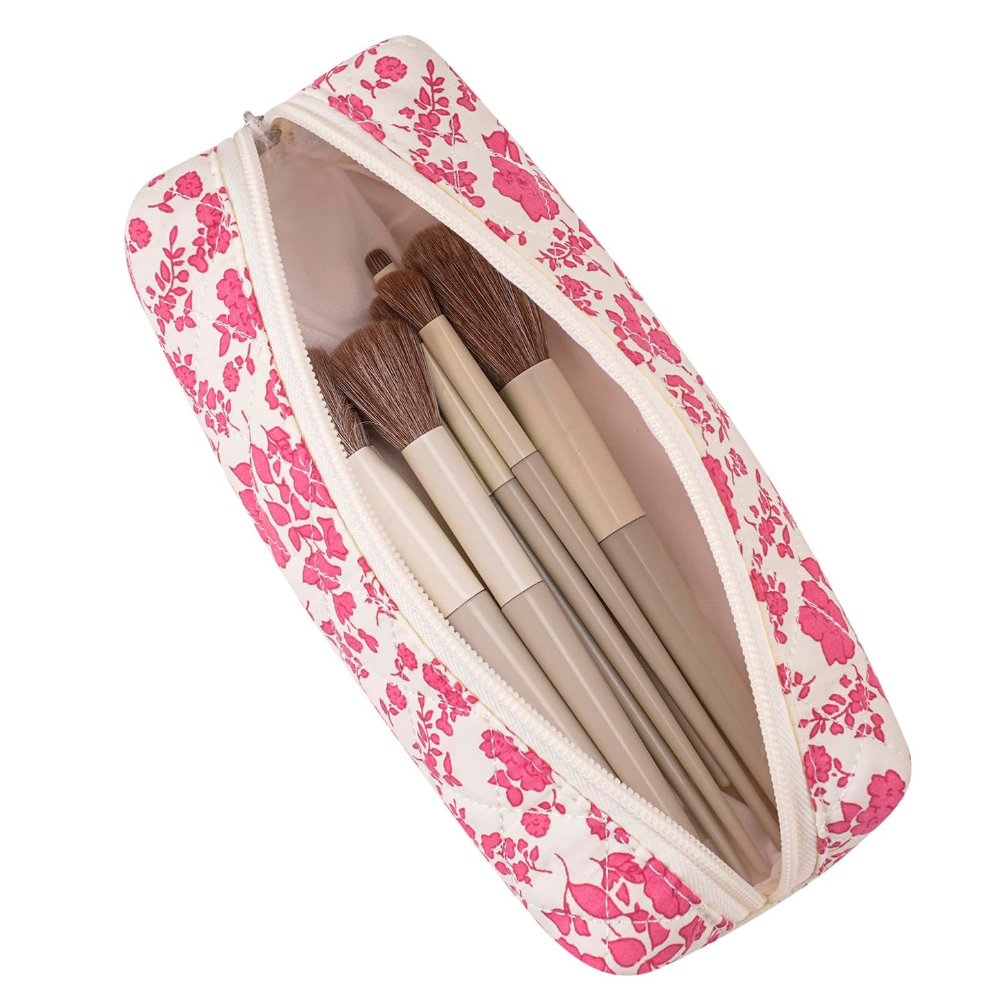 HHQQWZ Cute Floral Cotton Makeup Brush Cosmetic Bag for Women, Travel Quilted Zipper Make Up Bag, Flowers Toiletry Organizer Case Kawaii Makeup Cosmetic Travel Cloth Pouch (Blue+Big Red Floral)