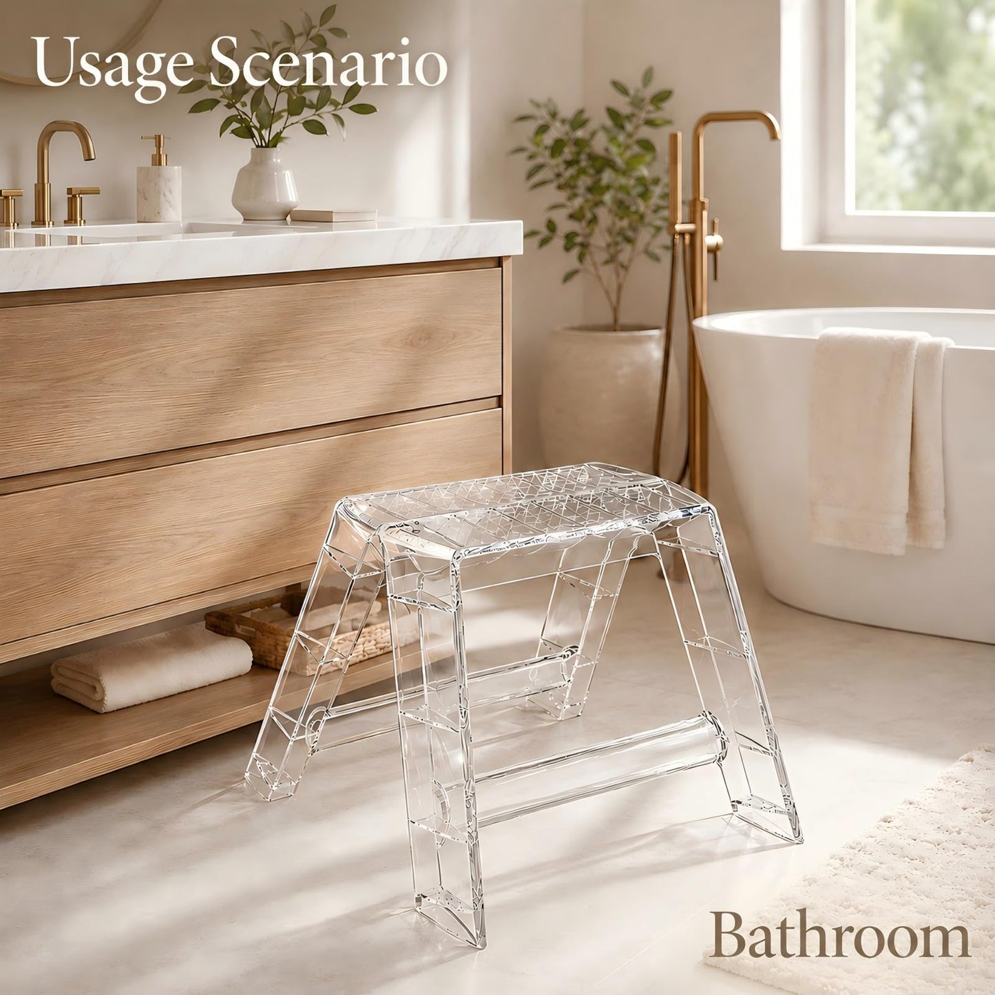 KiroArt Clear Acrylic-Style Folding Stool, Portable Lightweight Folding Seat, Compact Space Saving Stool for Bathroom, Vanity, Bedroom, Closet & Small Spaces(Transparent)