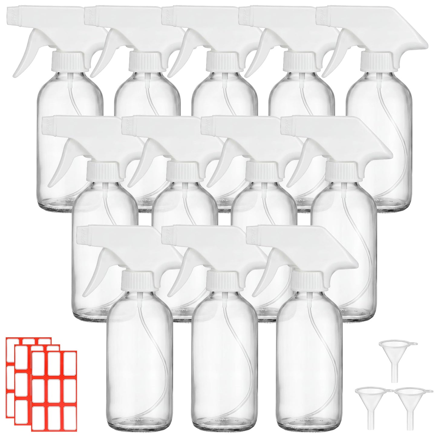 Norme 24 Pcs Glass Spray Bottles with Funnels and Labels 8 oz Refillable Cosmetic Empty Spray Containers with Trigger Squirt Containers for Essential Oil Cleaning Solutions (Transparent)