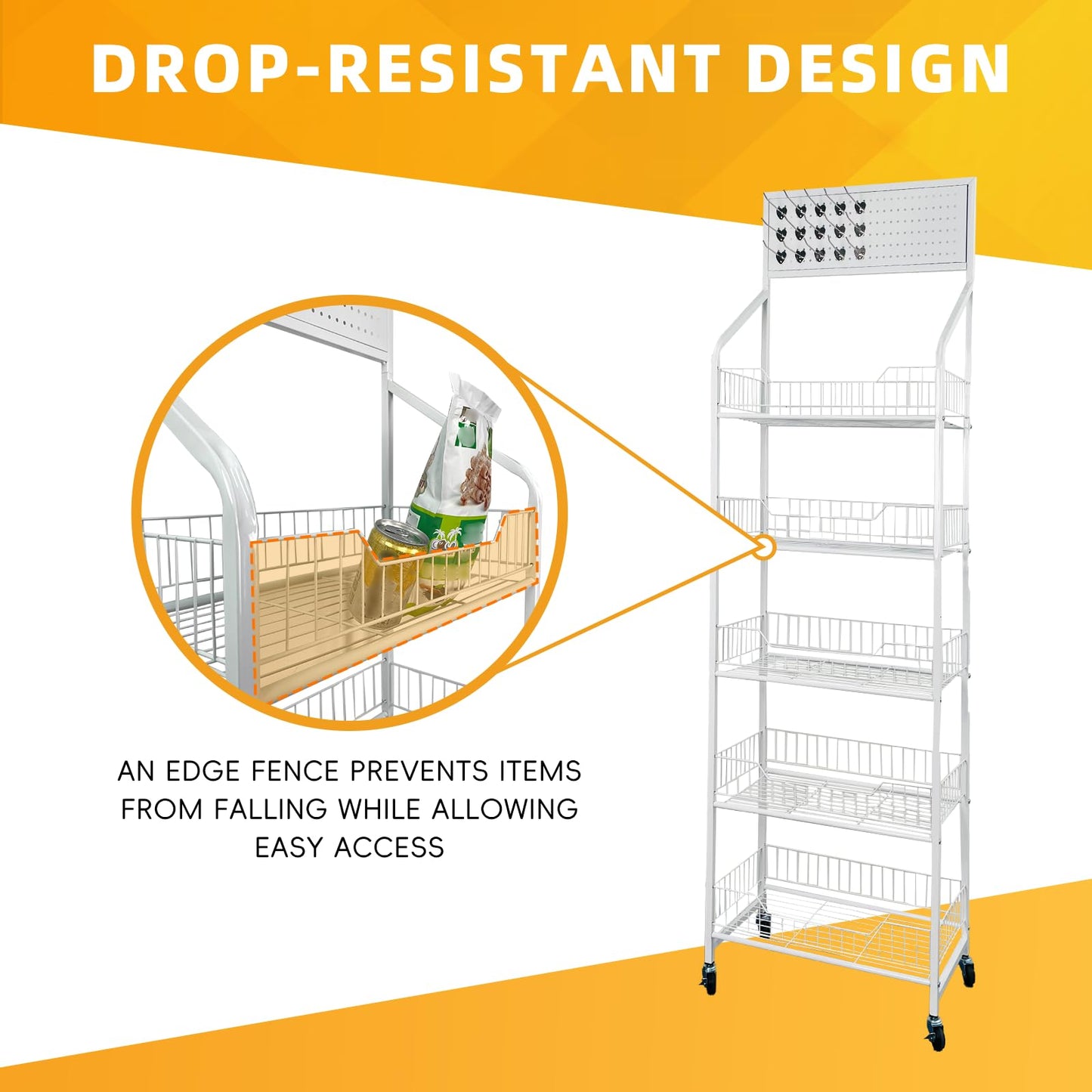 5 Tier Snack Rack Display Stand - Retail Display Shelves with Top Pegboard, 15 Hooks, Bakery Display Rack on Wheels for Easy Mobility and Organization (White)