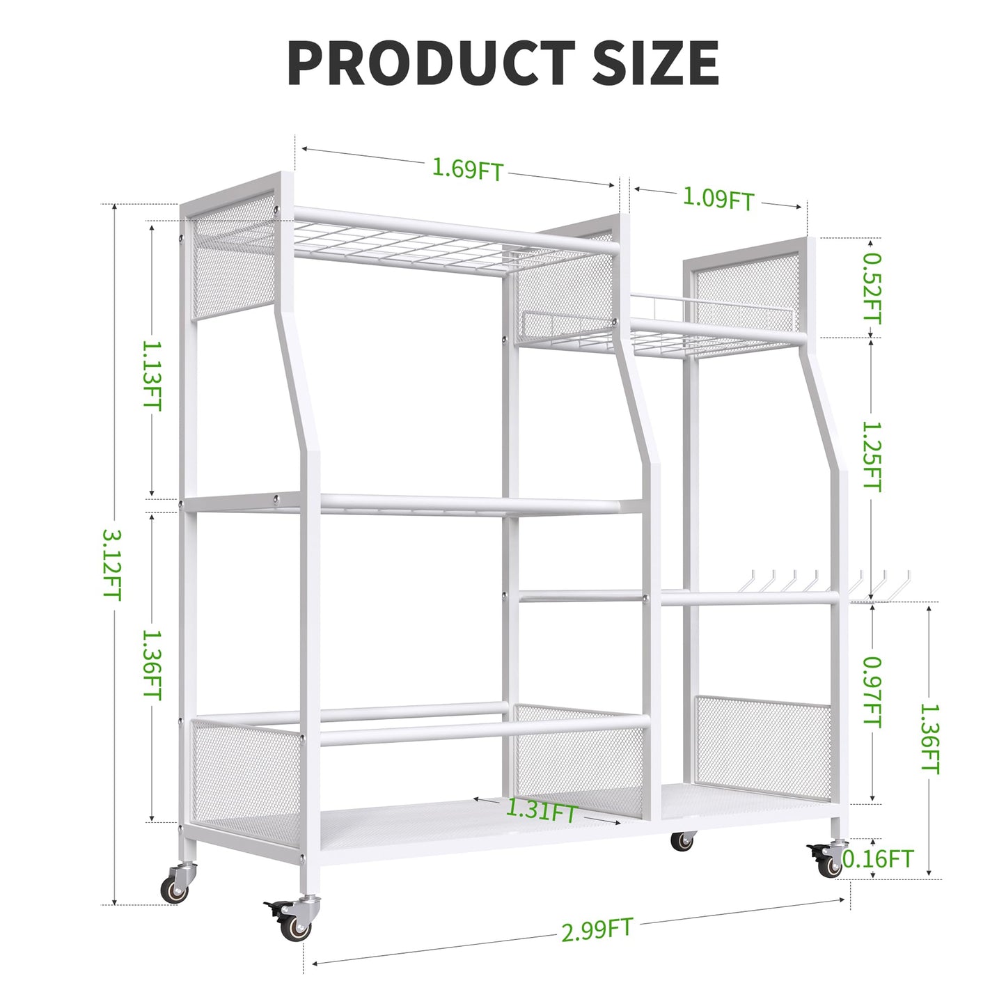 HOTEAGLE Yard Tool Organizer for Garage 35.4" Width High Stability Outdoor Metal Utility Rolling Cart with Mute Wheels, 18.5mm Thick Rods Ideal Garden Tool Rack, Easy to Clean,White