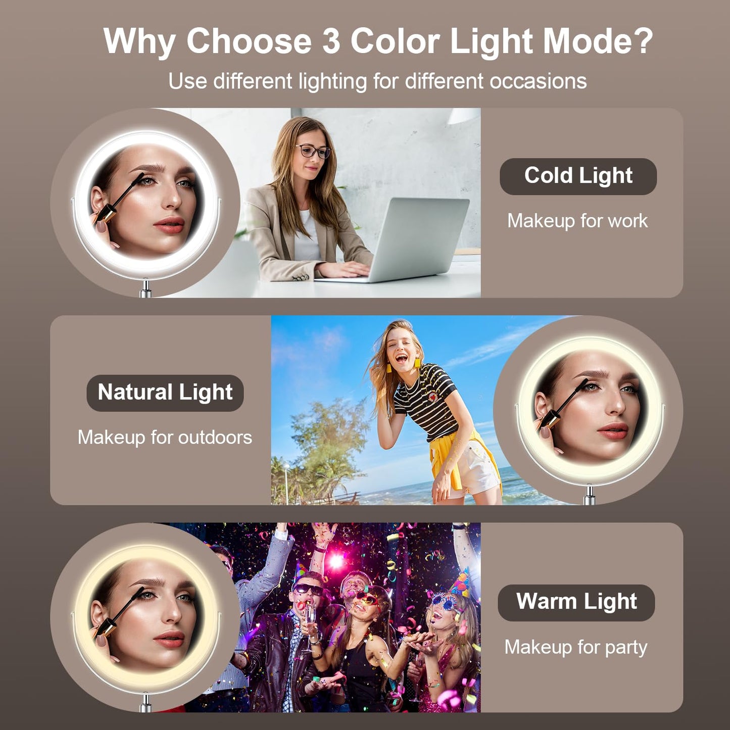 8.5" Makeup Mirror with Lights, 1X/20X Lighted Magnifying Mirror with 3 LED Lighting , 3000mAh Rechargeable Double Sided Vanity Mirrors Height Adjustable and Adjustable Brightness for Desk Women Gift