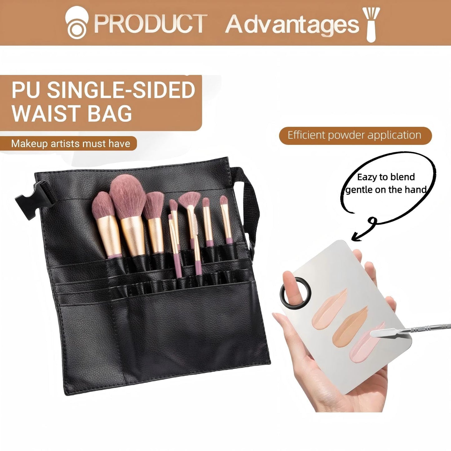 Avalessia Professional Cosmetic Makeup Artist Tools, 3 Piece Set Includes Makeup Brush Bag with Adjustable Belt Strap ，Foundation Tray & Spatula,for Makeup Brush Organizer &Artists