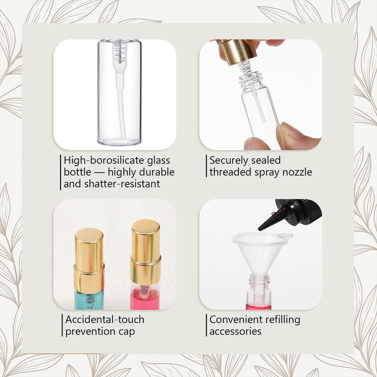 50 Pack 3ml Empty Mini Glass Spray Bottle,Mini Clear Spray Vials Portable Travel Sample Containers Glass Fine Mist Perfume Atomizer Empty Refillable Perfume Bottles with Gold Lids for Cleaning, Travel