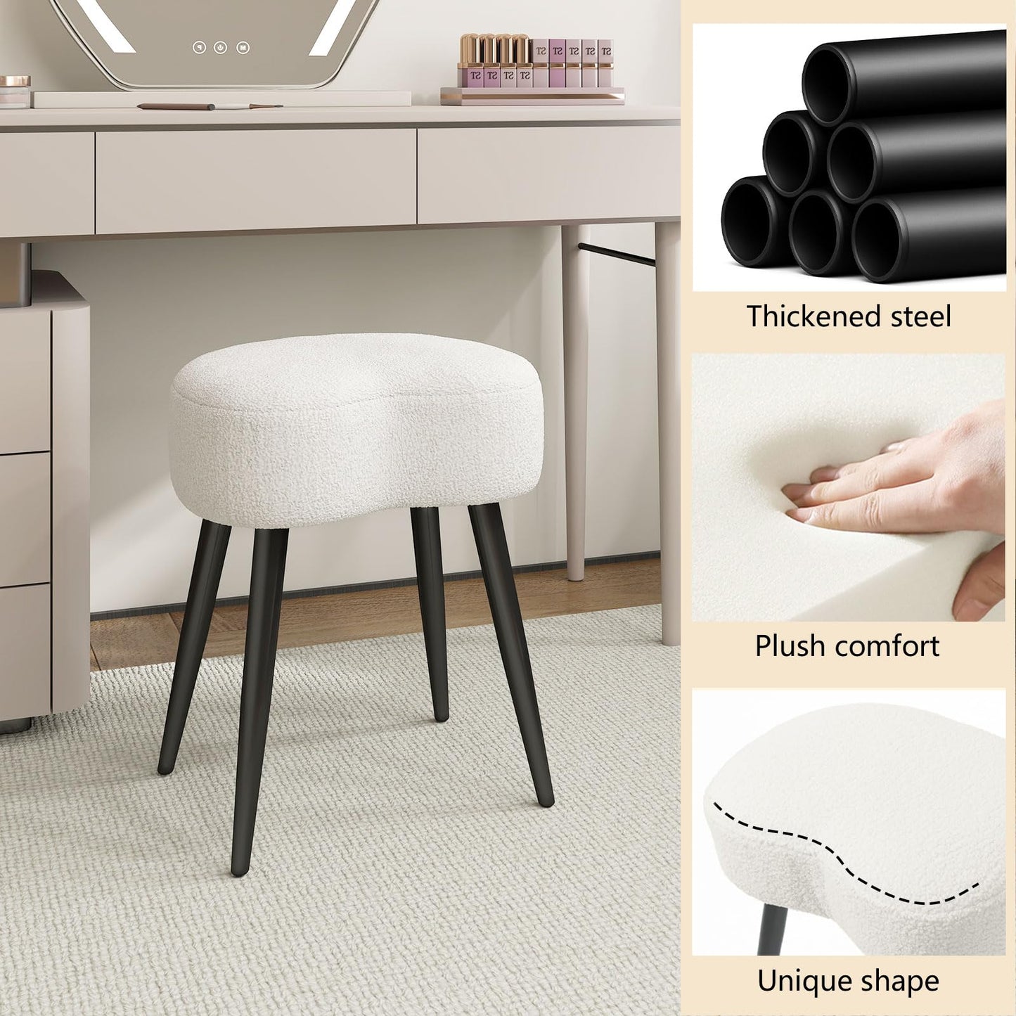 Permory Teddy Velvet Vanity Stool, Upholstered Makeup Chair with Sturdy Metal Legs, Soft Padded Ottoman Footrest, Modern Accent Stool for Bedroom, Living Room, Entryway (White, 17.7in H)