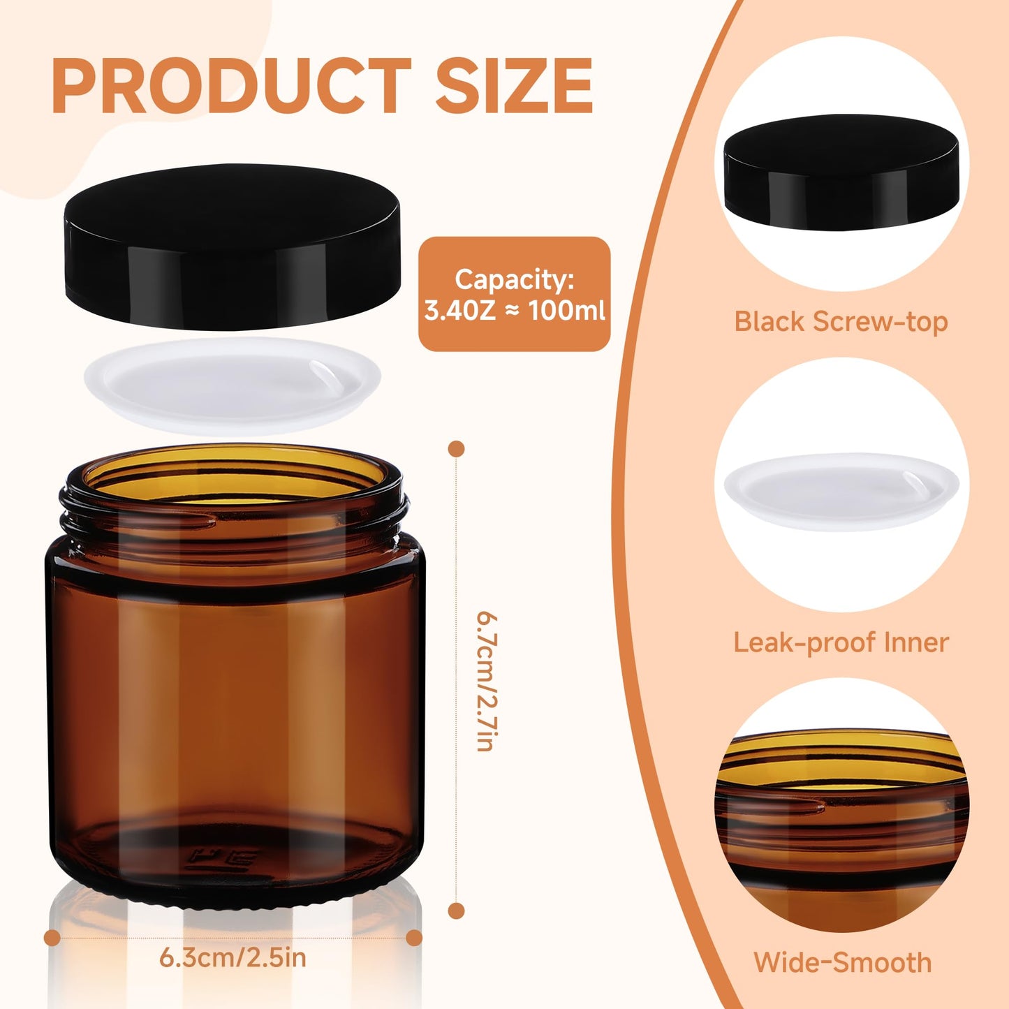 Vitreaux 4oz Amber Glass Jars with Lids,24 Pack Small Glass Jars with Black Lid,Leakproof Airtight Reusable Empty Cosmetic Containers with Inner Liners for Lotion,Body Scrub,Candle Making&Cream