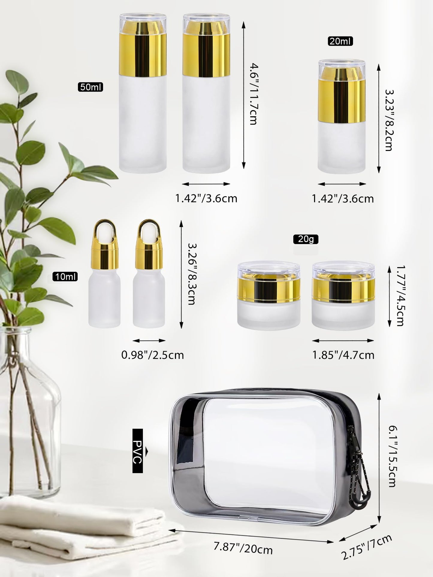 Handmade Max Glass Travel Bottles for Toiletries, TSA Approved, Leak Proof Refillable Travel Size Containers with Pump Spray Dropper Jars for Skincare Lotion Cream or Shampoo