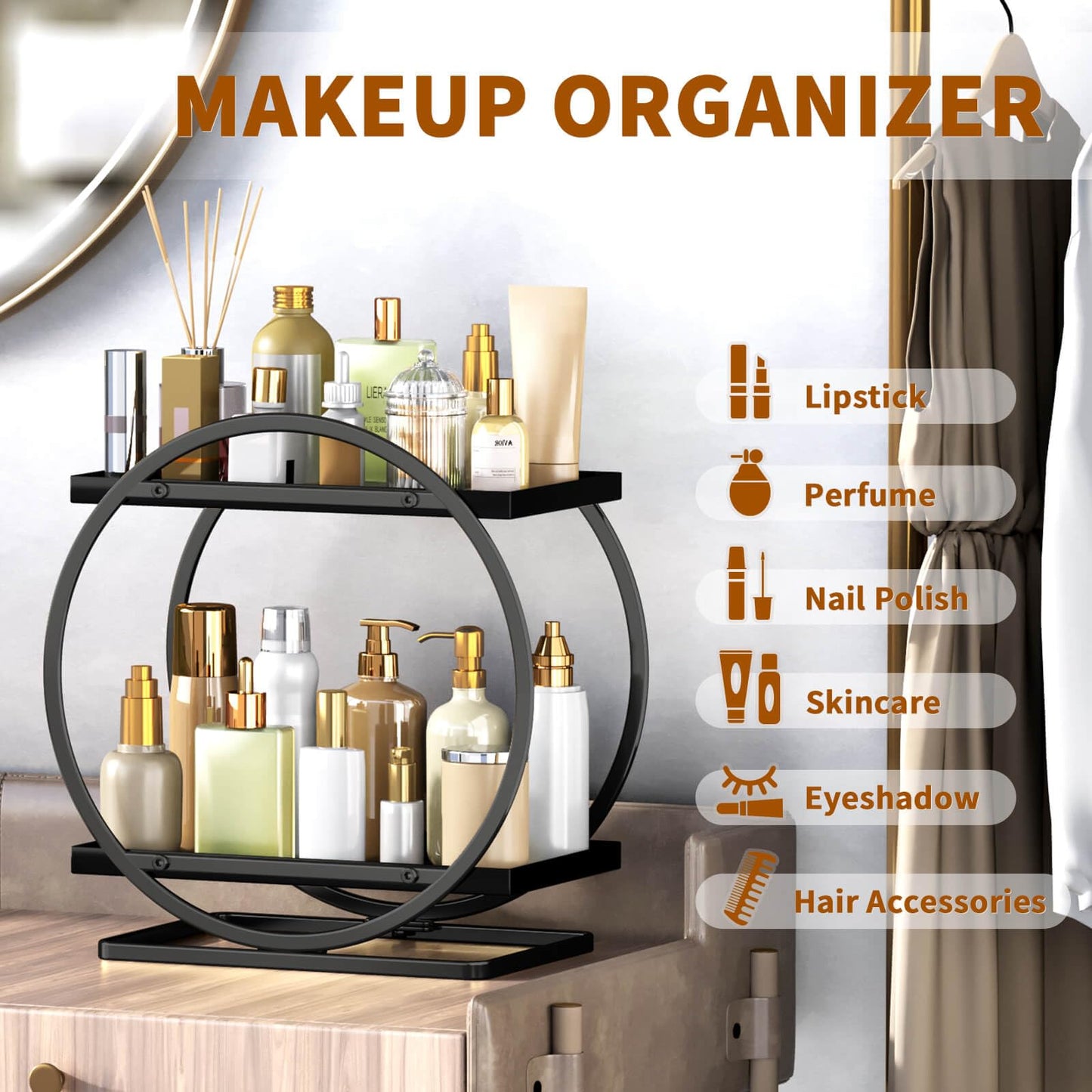 YIWANFW Bathroom Counter Organizer, Black Perfume Organizer for Dresser, 2 Tier Bathroom Organizer Countertop, Vanity Makeup Organizers, Skincare Display Tray for Bathroom Sink Storage
