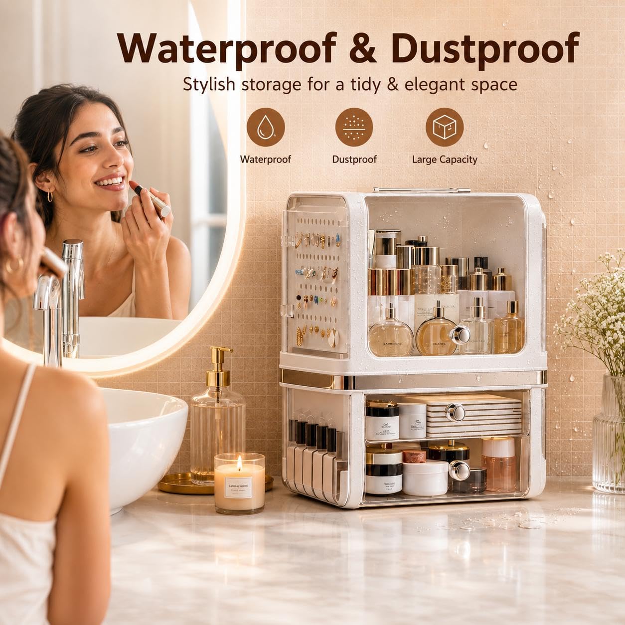 Makeup Organizer with Drawers, Large Acrylic Dustproof Cosmetic Storage Box with Lid, 2-Layer Vanity Organizer for Skincare, Perfume & Bathroom Countertop (28.5 × 20 × 38 cm)