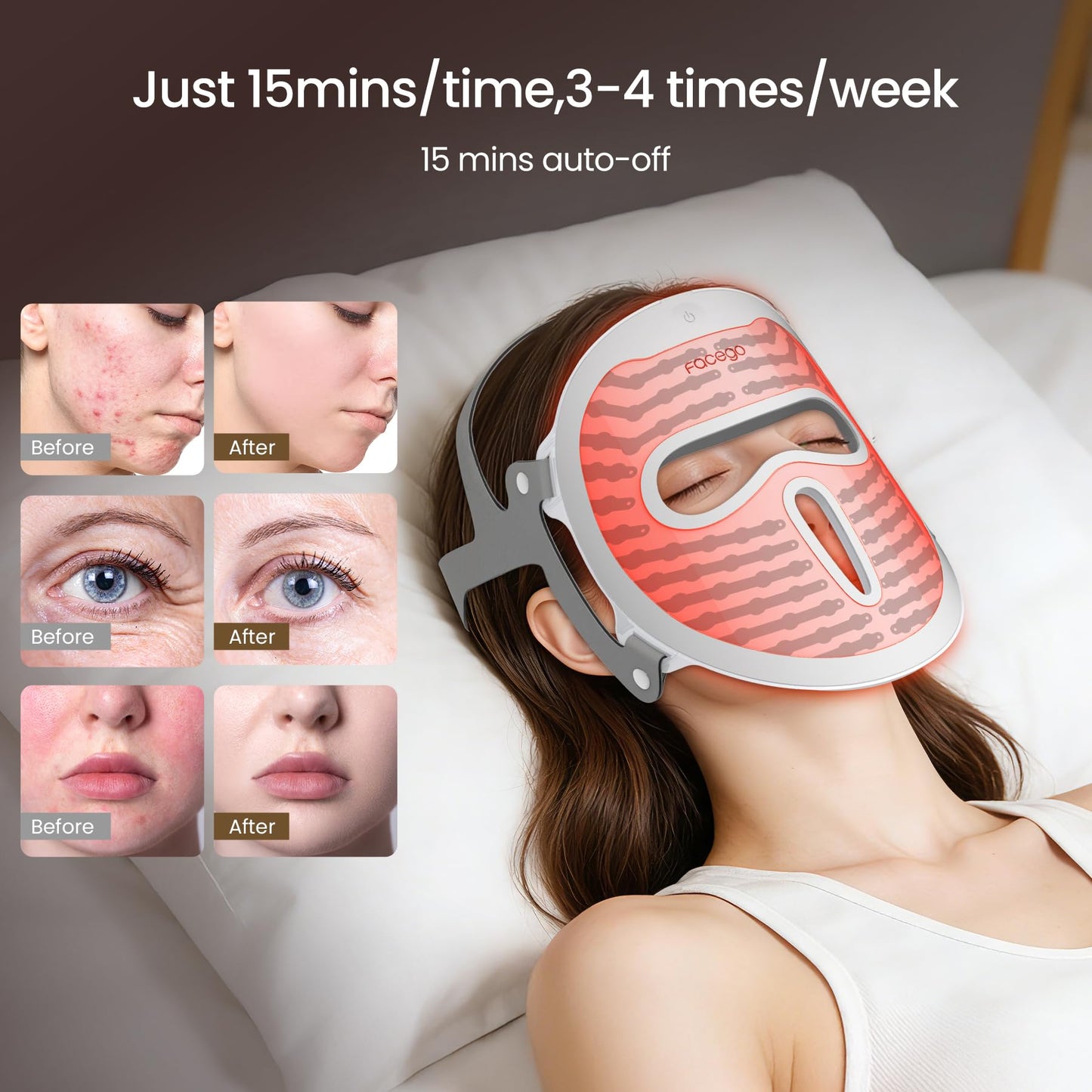 Facego Red Light Mask for Face, 4 Modes Dual Infrared Red Light Face Mask, Non-Skin Contact, Cordless Rechargeable Skincare Gifts for Women