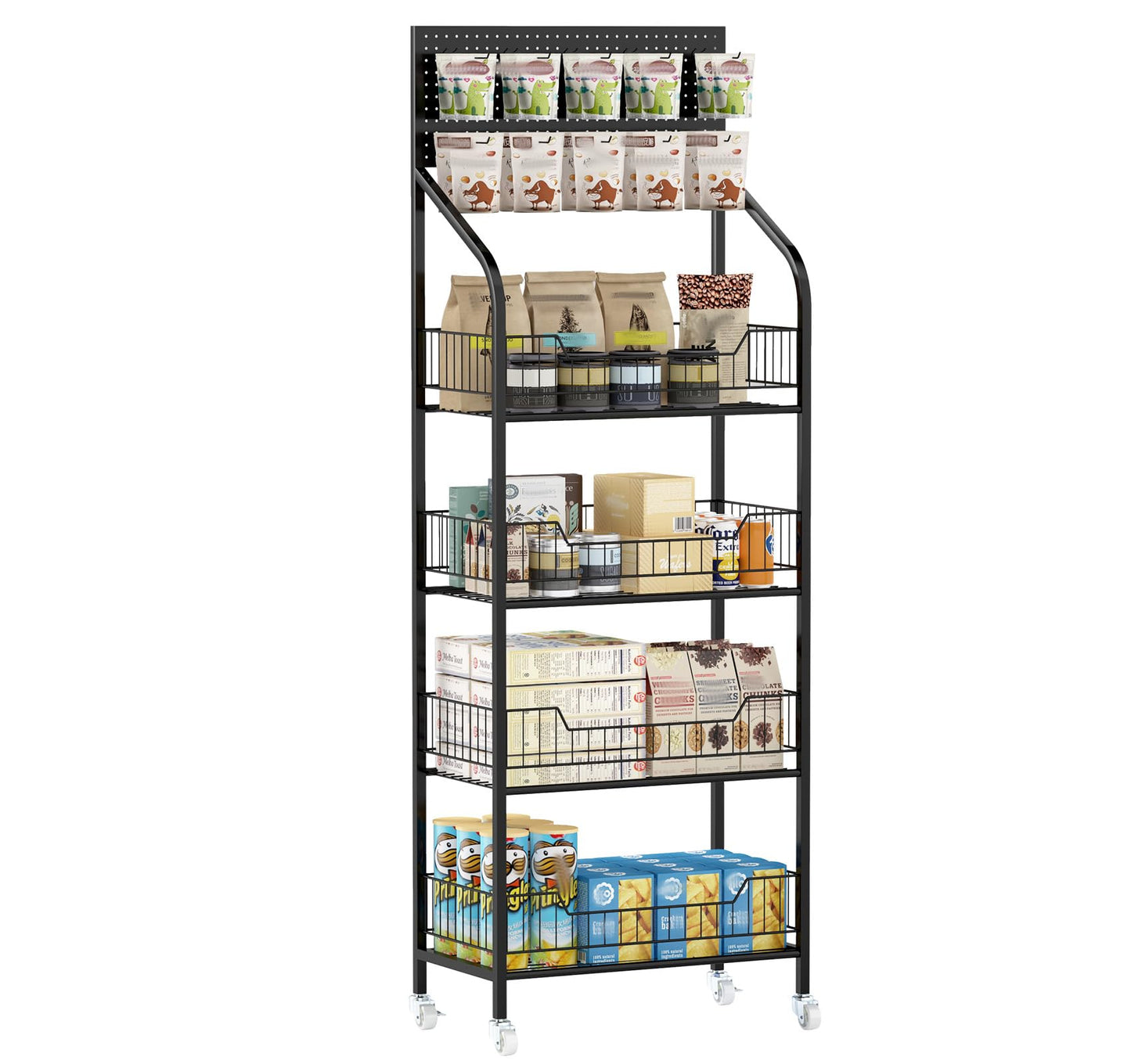 Nisorpa 4 Tier Supermarket Retail Display Racks, Free-Standing Metal Snack Candy Display Racks Shelf with Wheels Chips Rack Display Stand for Home Convenience Stores Kitchen, 19.6x56.2x10.6 Inches