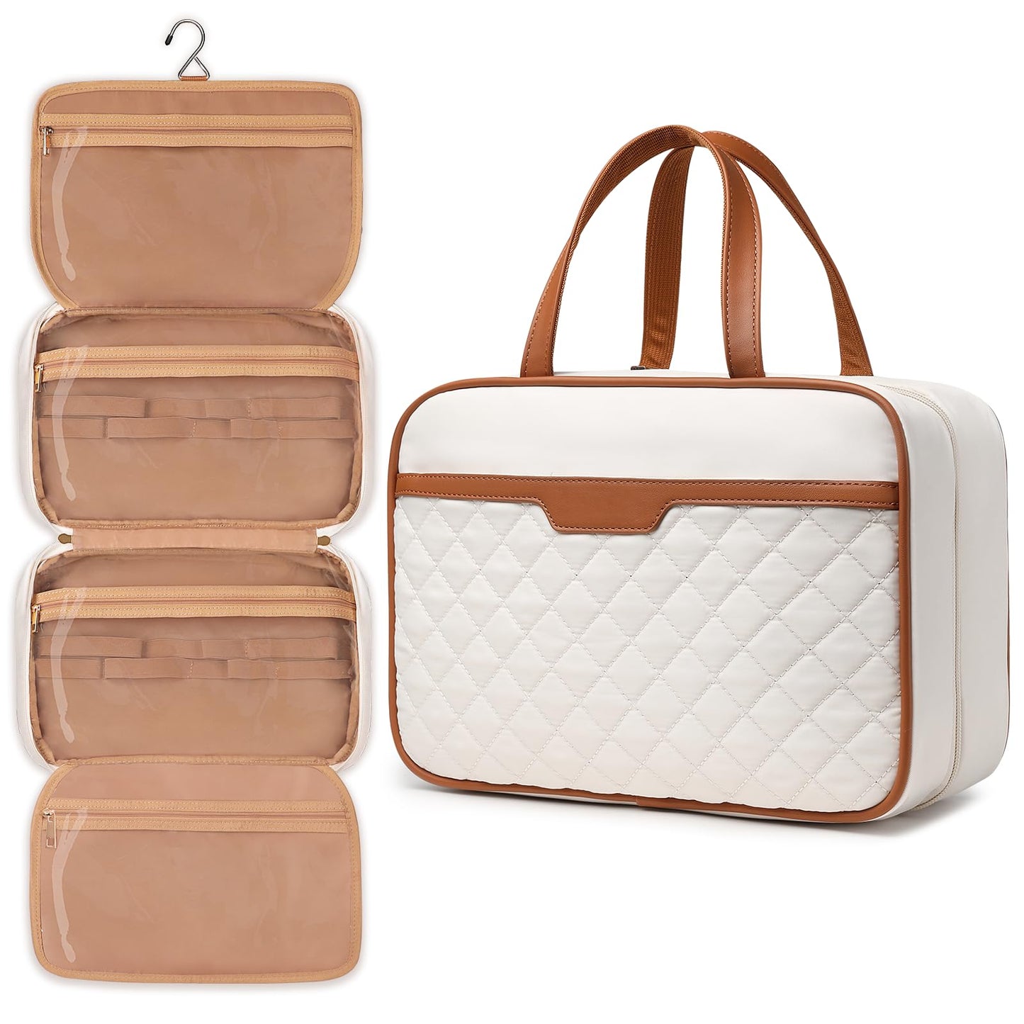 Travel Toiletry Bag for Women Hanging Travel Toiletry Organizer for Full-sized Toiletries Portable Water-resistant Travel Bag with Hanging Hook and 4 Compartments for Travel Essentials and Cosmetics