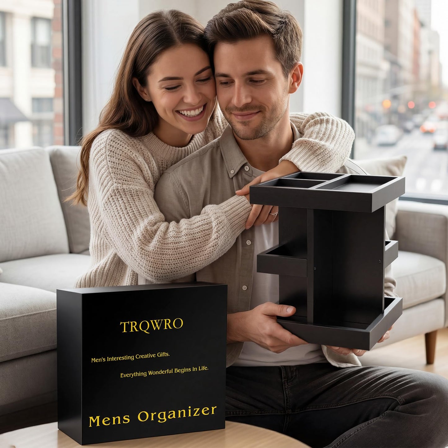 TRQWRO Gift for Men,Mens Organizer,Cologne Stand with Rotate,Mens Accessory Organizers or Valet Tray,Birthday Gift for Dad,Husband,Boyfriend,Anniversary Idea for Him,Watch,Perfume Holder