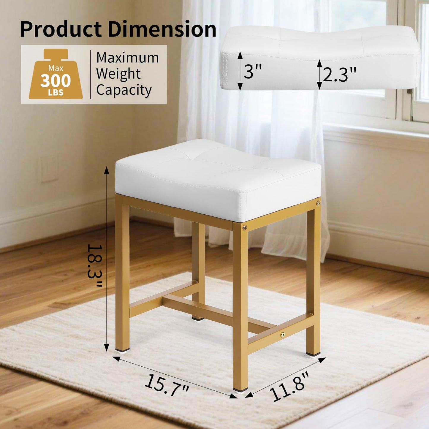 FLYZC Saddle Seat Vanity Stool, Makeup Stool Chair with Metal Leg, U-Shaped PU Leather Ottoman Foot Rest, Small Square Chairs Under Desk for Vanity, Living Room, Modern Makeup Bench White&Gold