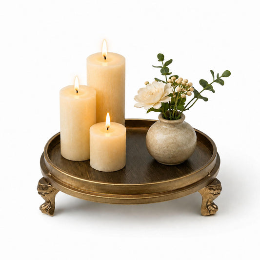 Vintage Antique Brass Clawfoot Tray, Round Pedestal Candle and Jewelry Dish, Decorative Metal Vanity Tray for Rings, Perfume, Wax Melt, Coffee Table and Home Decor