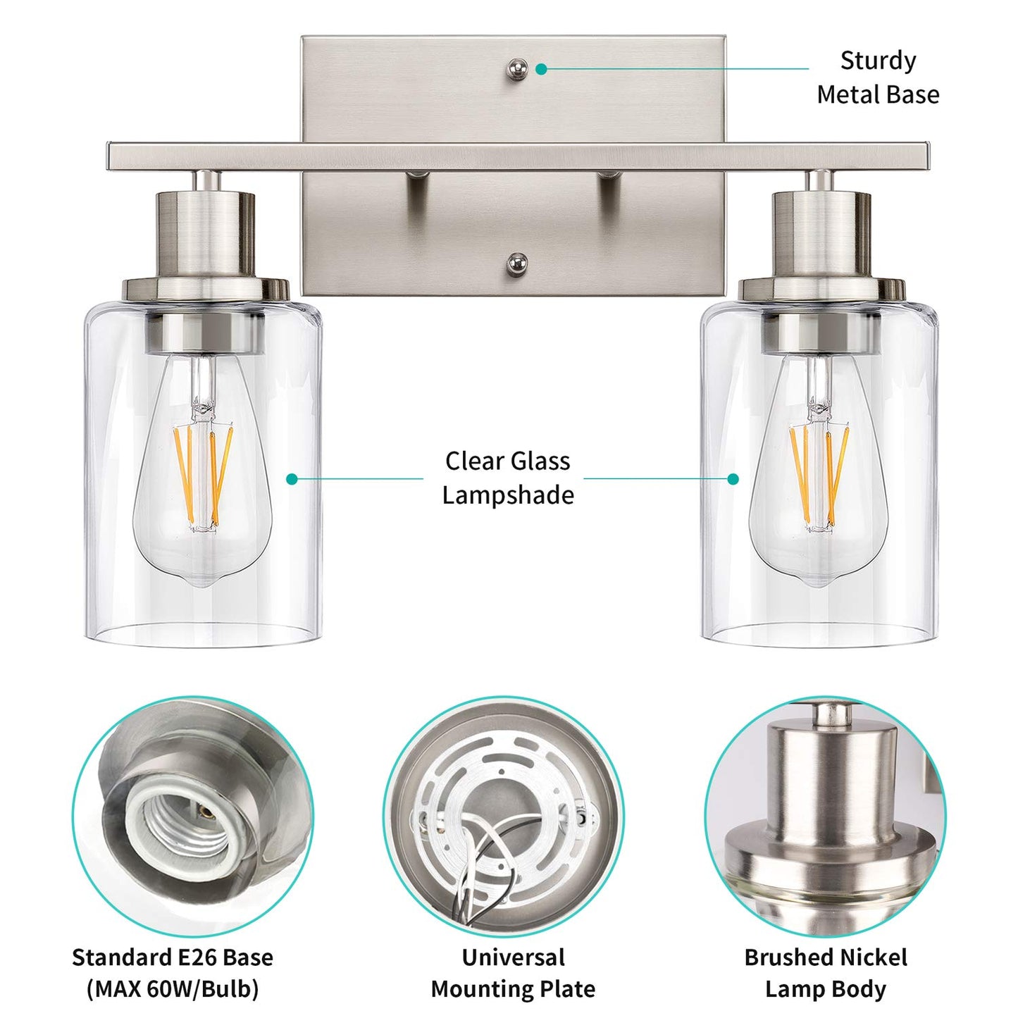 ShineTech 2-Light Bathroom Vanity Light Fixture, Brushed Nickel Bathroom Light Fixtures Over Mirror, Modern Wall Mounted Bathroom Lighting with Clear Glass Shade for Bathroom, Bedroom, Hallway