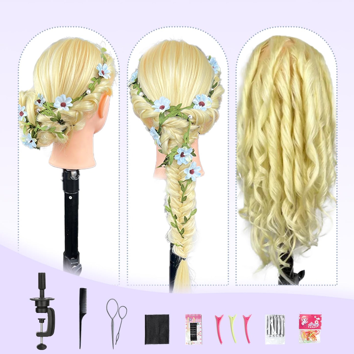 22" MQHIHI Mannequin Head Human Hair Cosmetology Manikin Doll Head with 80% Real Human Hair for Hairdresser Practice Cutting Braiding Hair Styling with Clamp Holder and Tools (Blond)