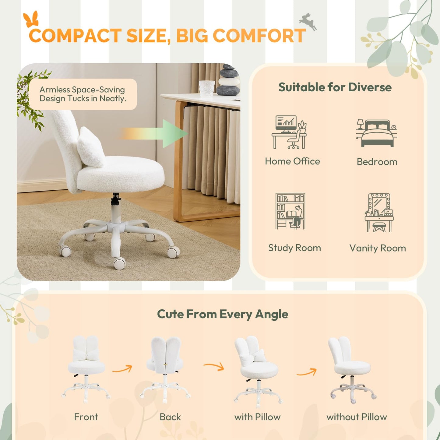 VINGLI Playful Rabbit Ear Swivel White Vanity Desk Chair with wheels&Bow Pillow,Cute Comfy Small Armless Adjustable Rolling Stool for Bedroom/Home Office,for Kids,Teens,Girls,Women,Adults,Teddy Fleece