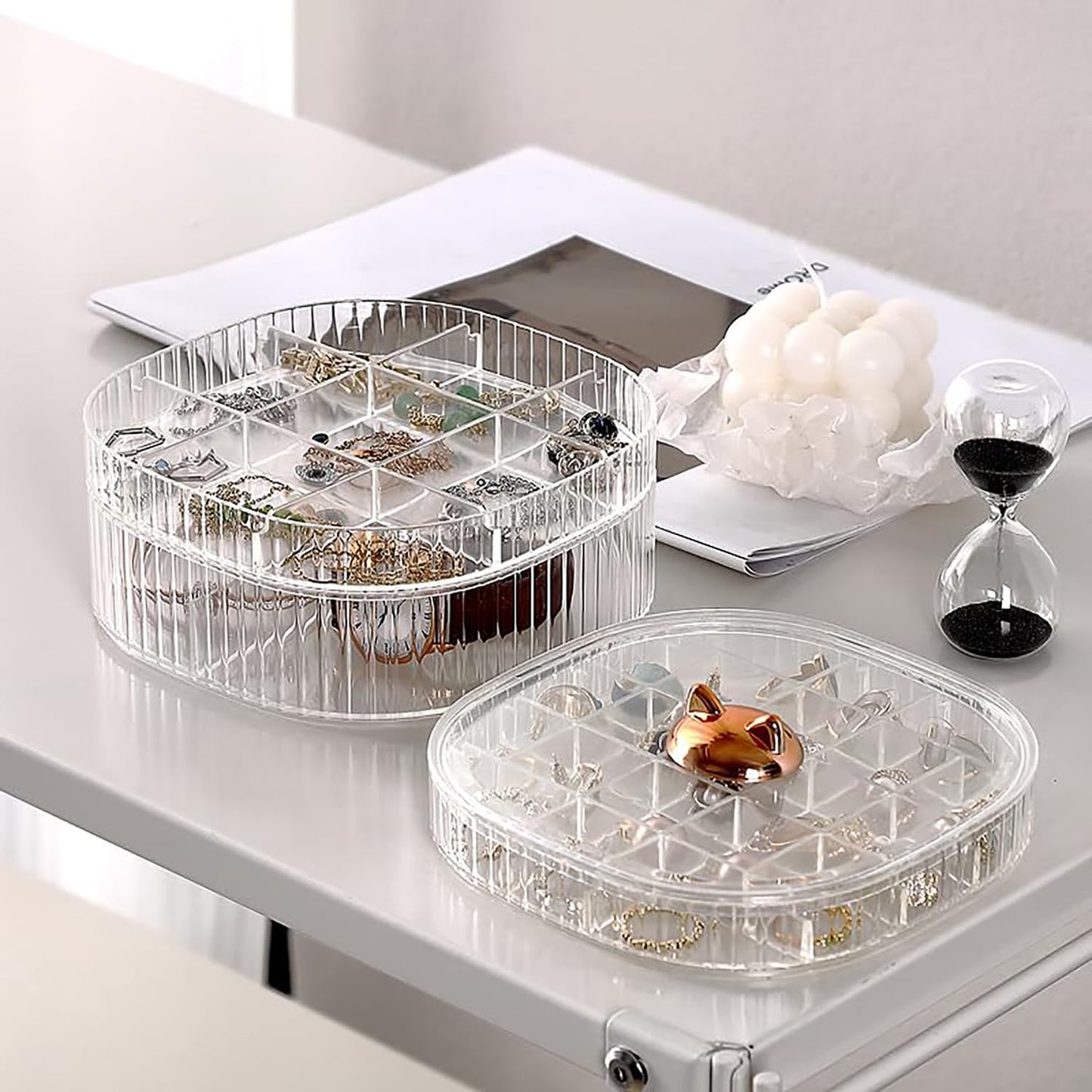 HALAFE Jewelry Box, 3-Layer Acrylic Jewelry Organizer with Cat Shape Handle, Clear Jewelry Boxes for Women Girls, Make up Organizer, Jewelry Storage Holder (Clear, Cat)