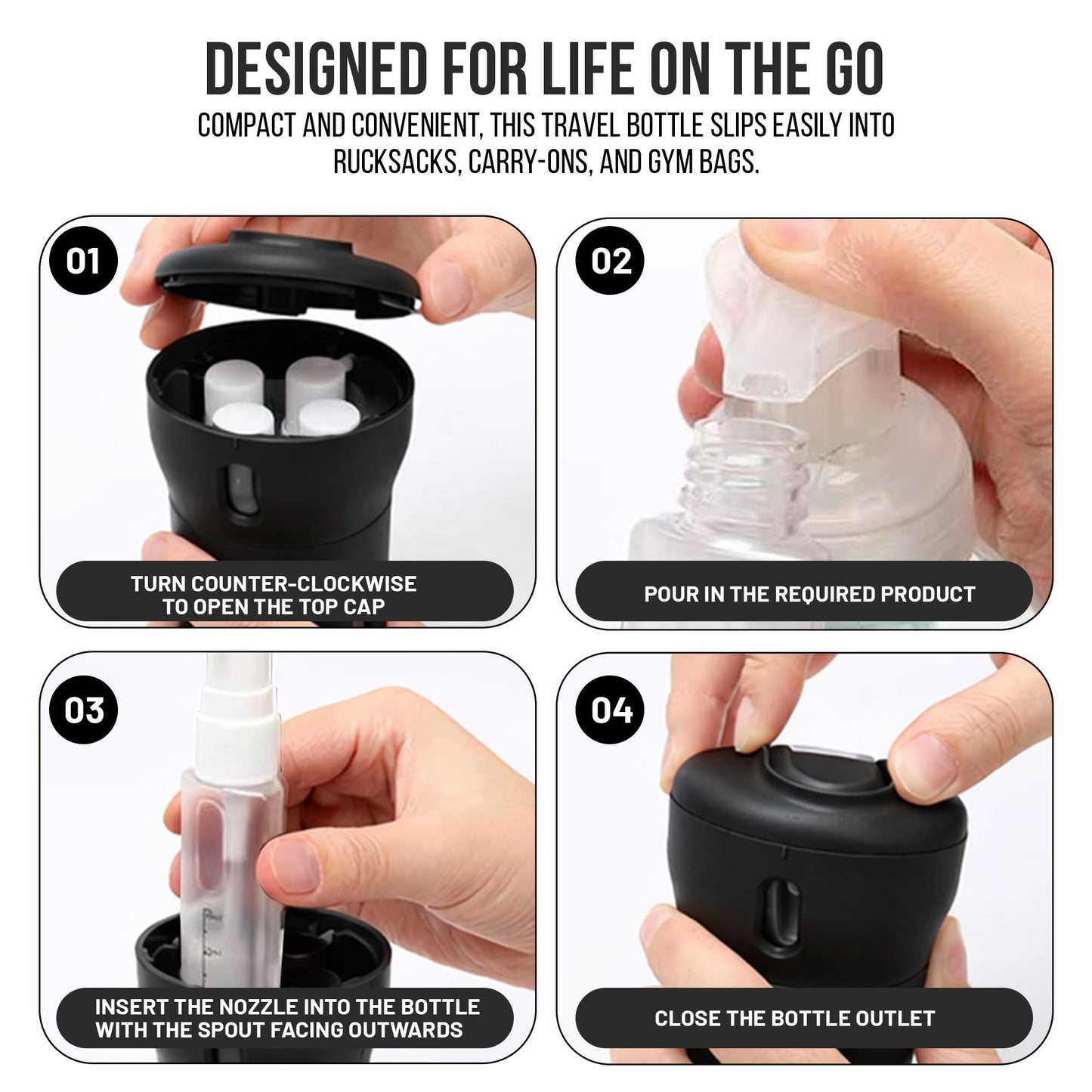 Travigo 4-in-1 Travel Dispenser Bottle, TSA Approved, Leak Proof, Four Reusable 1.4 oz. (40 mL) Toiletry Containers for Shampoo, Conditioner, Soap, Lotion, Skincare (Black)