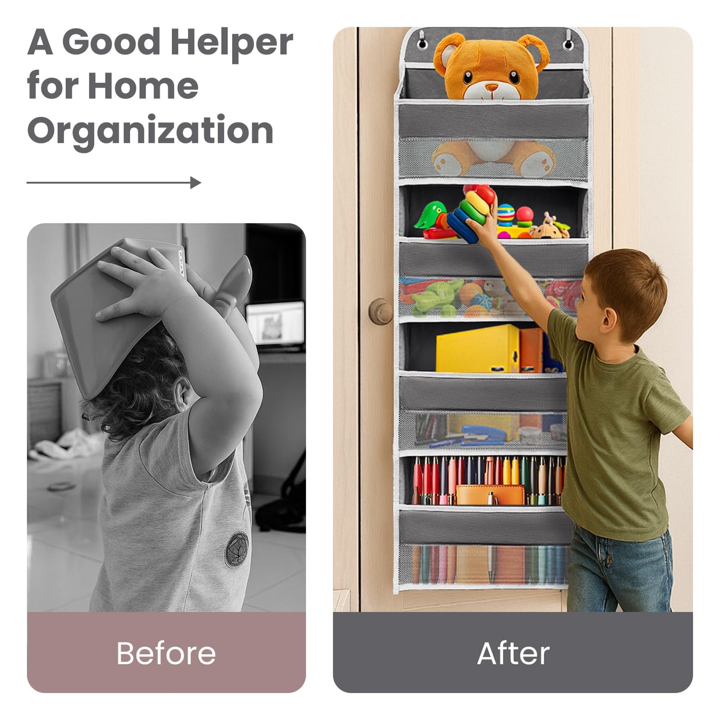 Over The Door Organizer with LifetimeWarranty, 4 Shelves & 4 Side Pockets, Large Storage Rack Holds 44lb, Heavy-Duty Reinforced Mesh Shelf for Bathroom, Closet, Toy Organization, Shoes, Towels, Grey