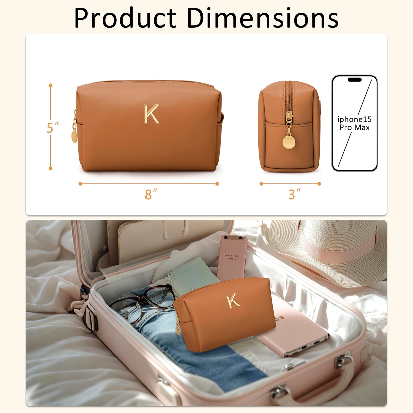 CLOUDWINGS Gifts for Women Bridesmaid Gifts Personalized Initial Makeup Bag PU Leather Cosmetic Waterproof Travel Toiletry Bag (Brown K)