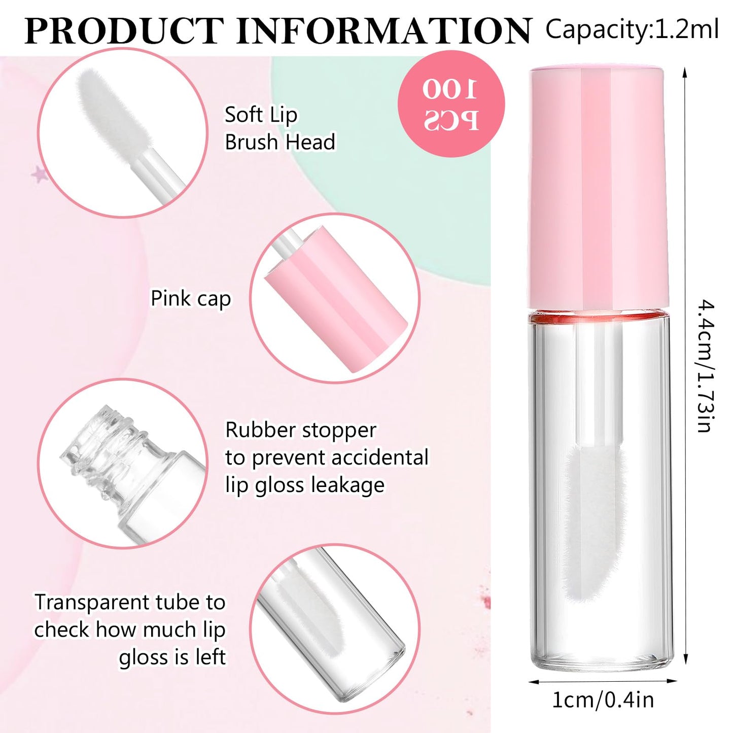 100PCS 1.2ML Clear Mini Lip Gloss Tube Bulk Empty Lipgloss Tubes with Wand and Rubber Insert for Different Samples Travel Split Charging DIY Makeup(Pink)