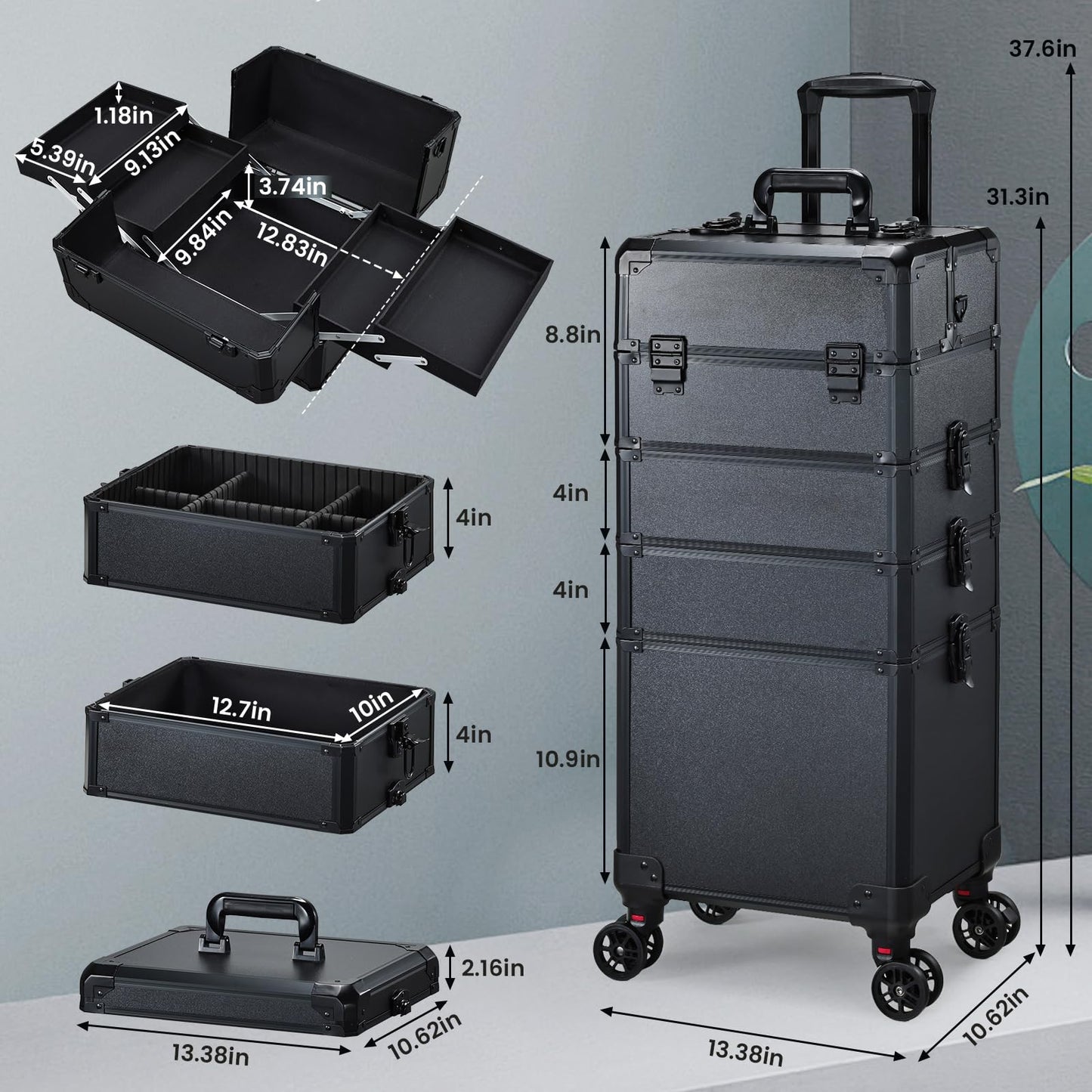 Rolling Makeup Case Makeup Train Case with Lid 5 in 1 Cosmetology Case on Wheels Cosmetic Trolley Organizer Large Makeup Organizers Case Profesional Cosmetic Case for Salon Barber Nail Beauty, Black